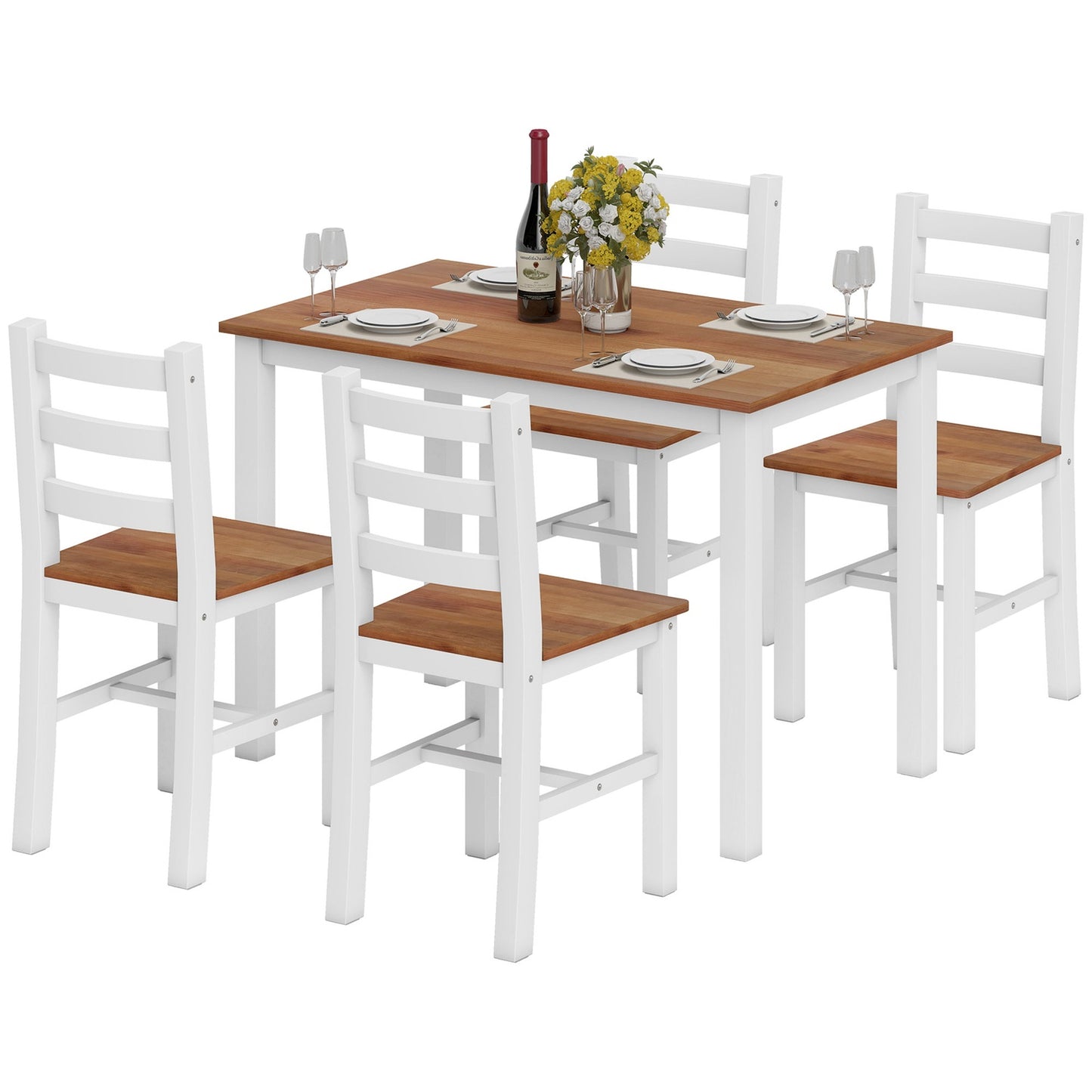 Dining set, dining table, 4 chairs, dining room set, pinewood, brown+white