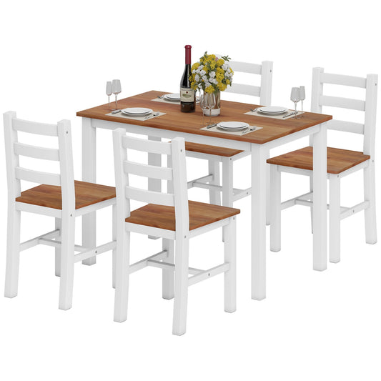 Dining set, dining table, 4 chairs, dining room set, pinewood, brown+white