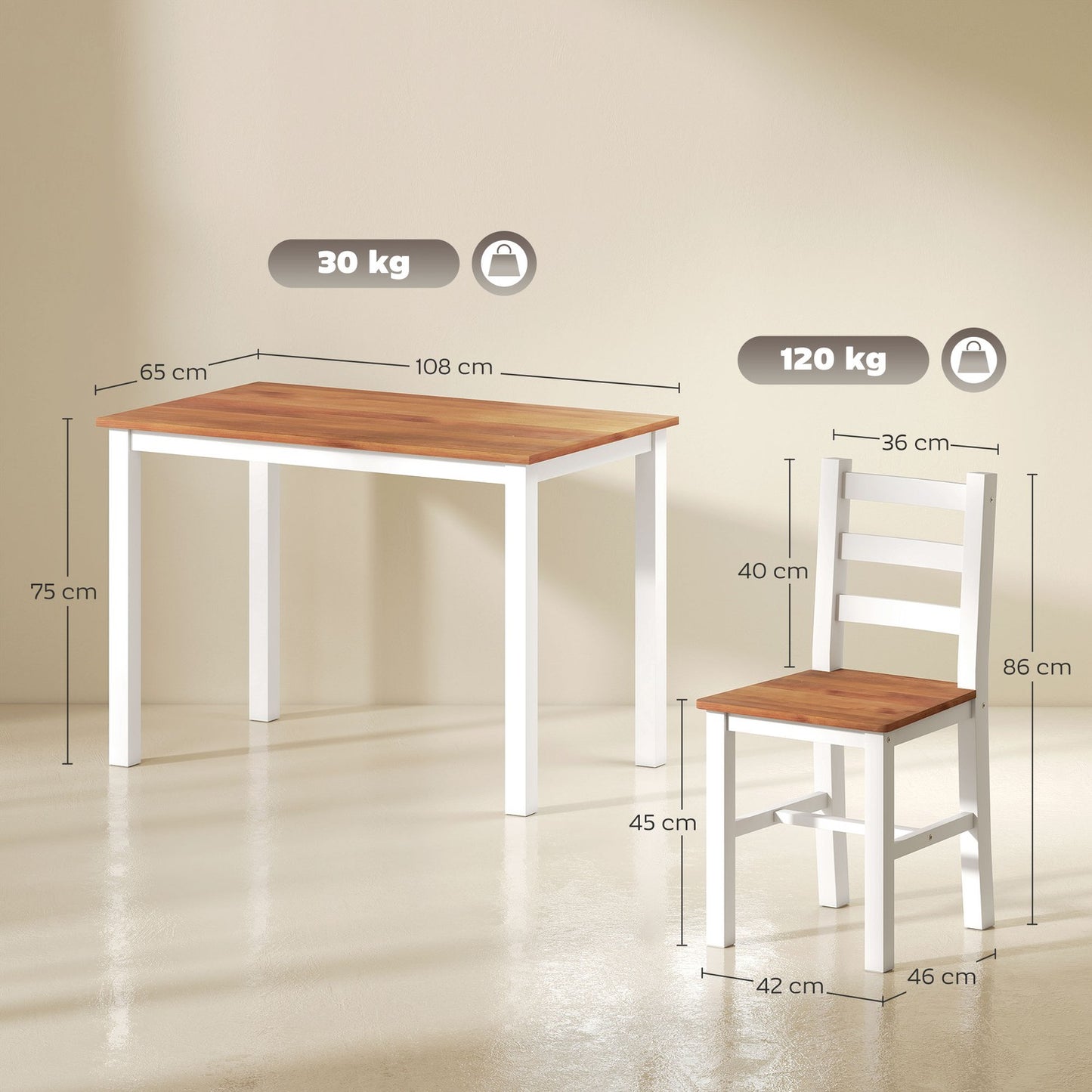 Dining set, dining table, 4 chairs, dining room set, pinewood, brown+white