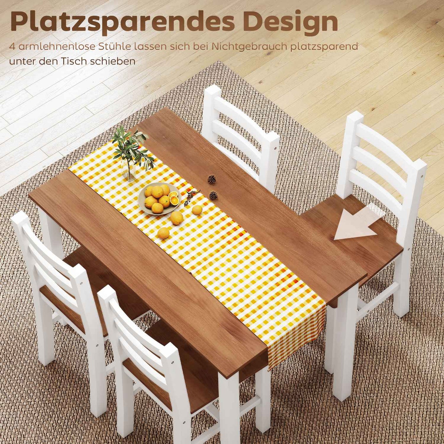 Dining set, dining table, 4 chairs, dining room set, pinewood, brown+white