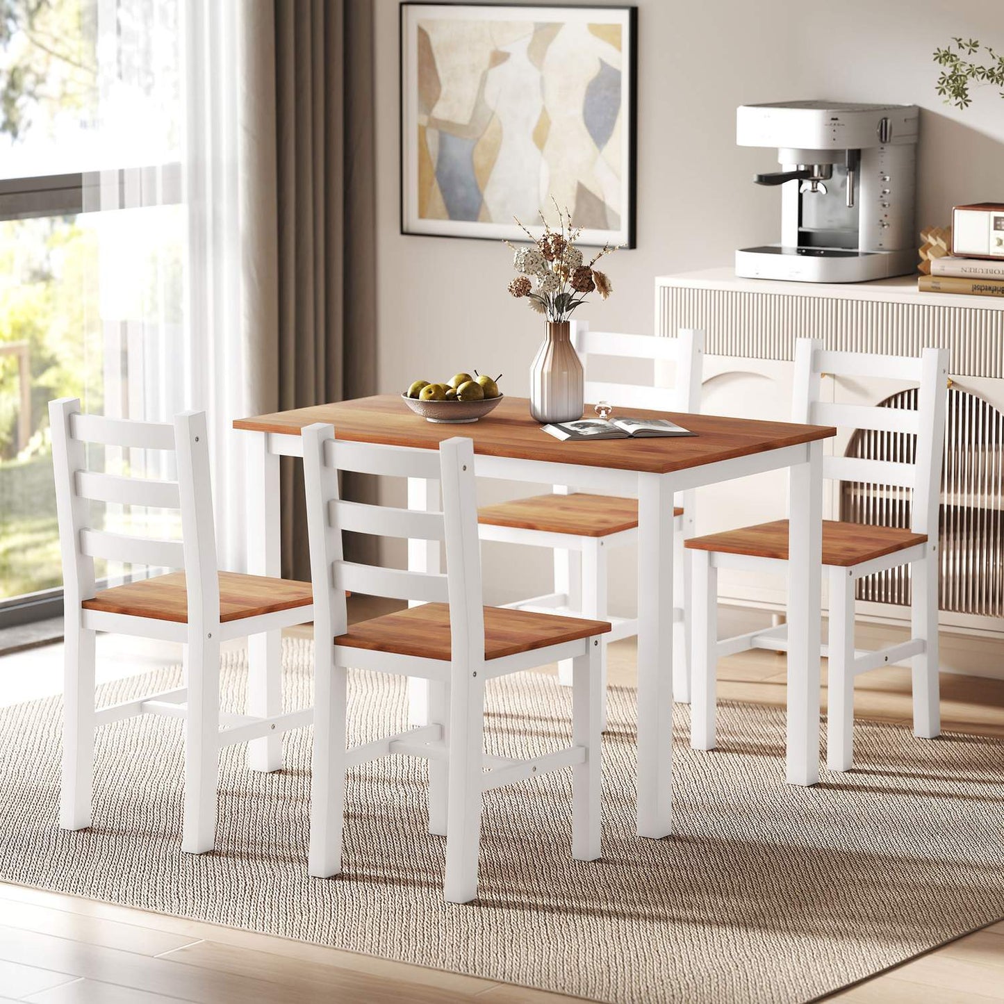Dining set, dining table, 4 chairs, dining room set, pinewood, brown+white