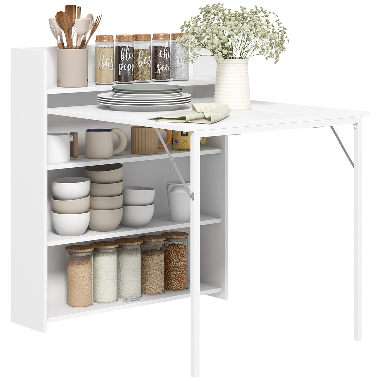 Folding dining table with shelves, Anti-tip, White