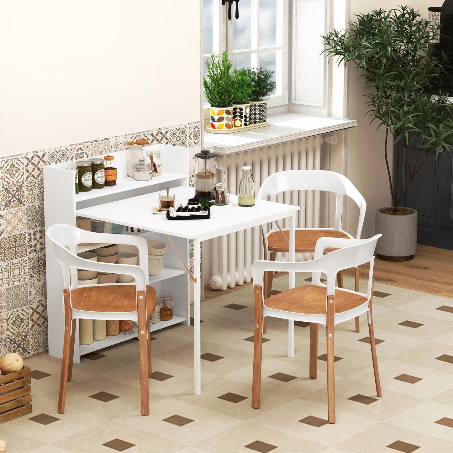 Folding dining table with shelves, Anti-tip, White