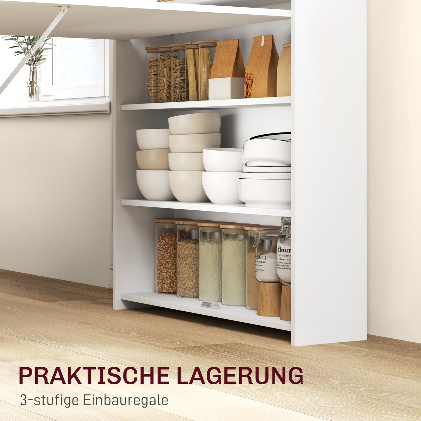 Folding dining table with shelves, Anti-tip, White