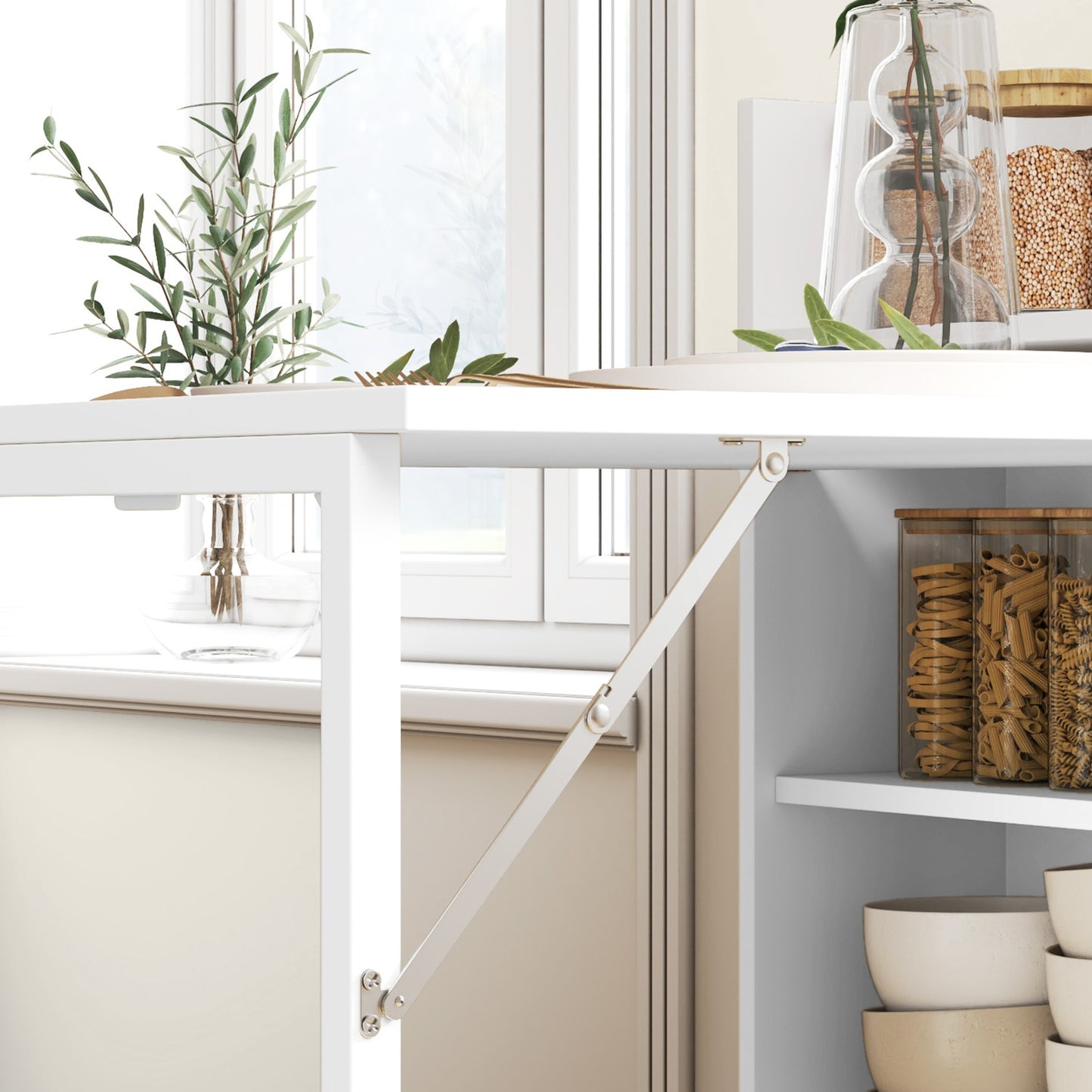 Folding dining table with shelves, Anti-tip, White