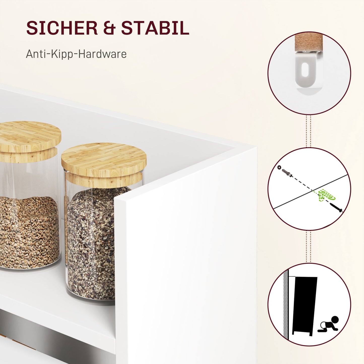 Folding dining table with shelves, Anti-tip, White