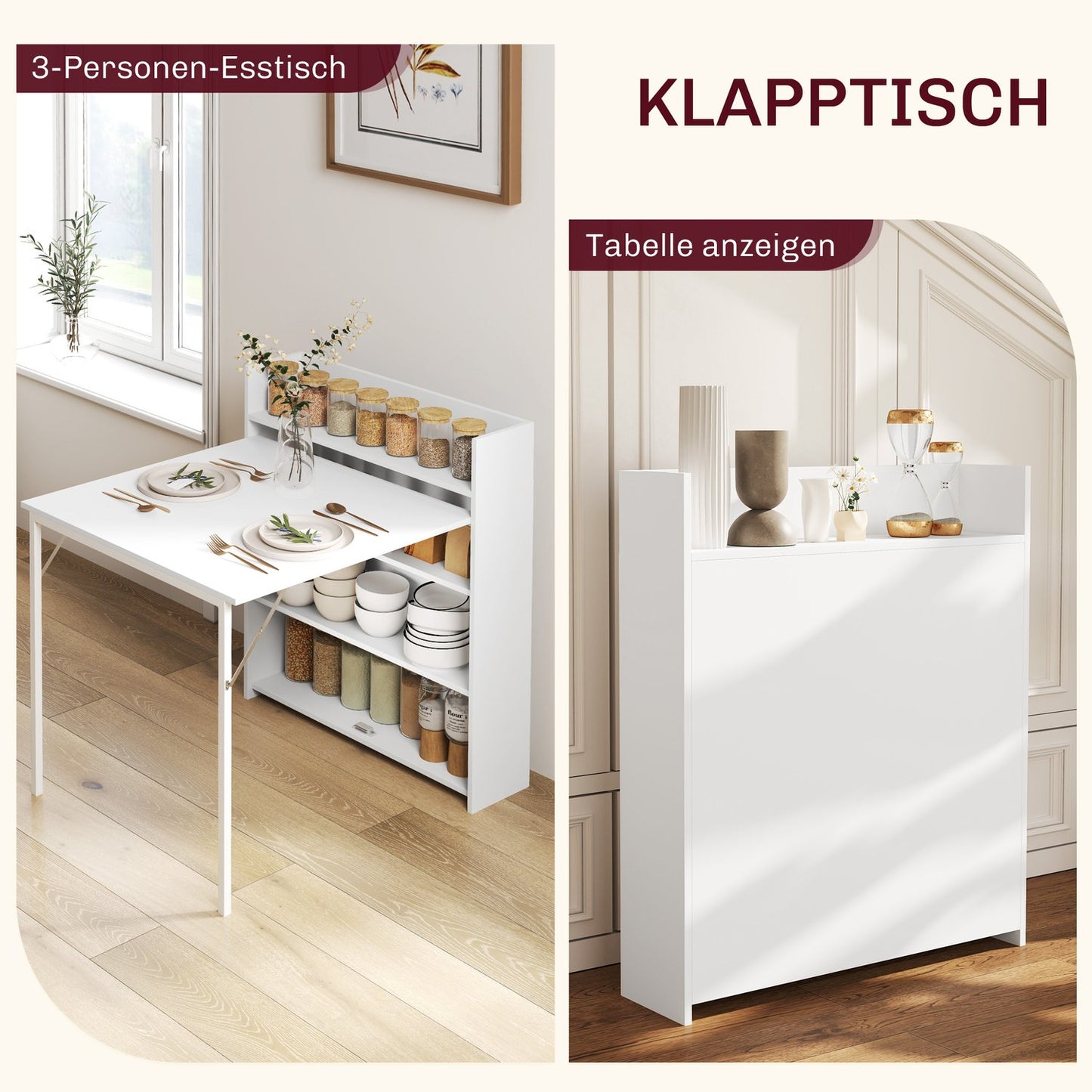 Folding dining table with shelves, Anti-tip, White