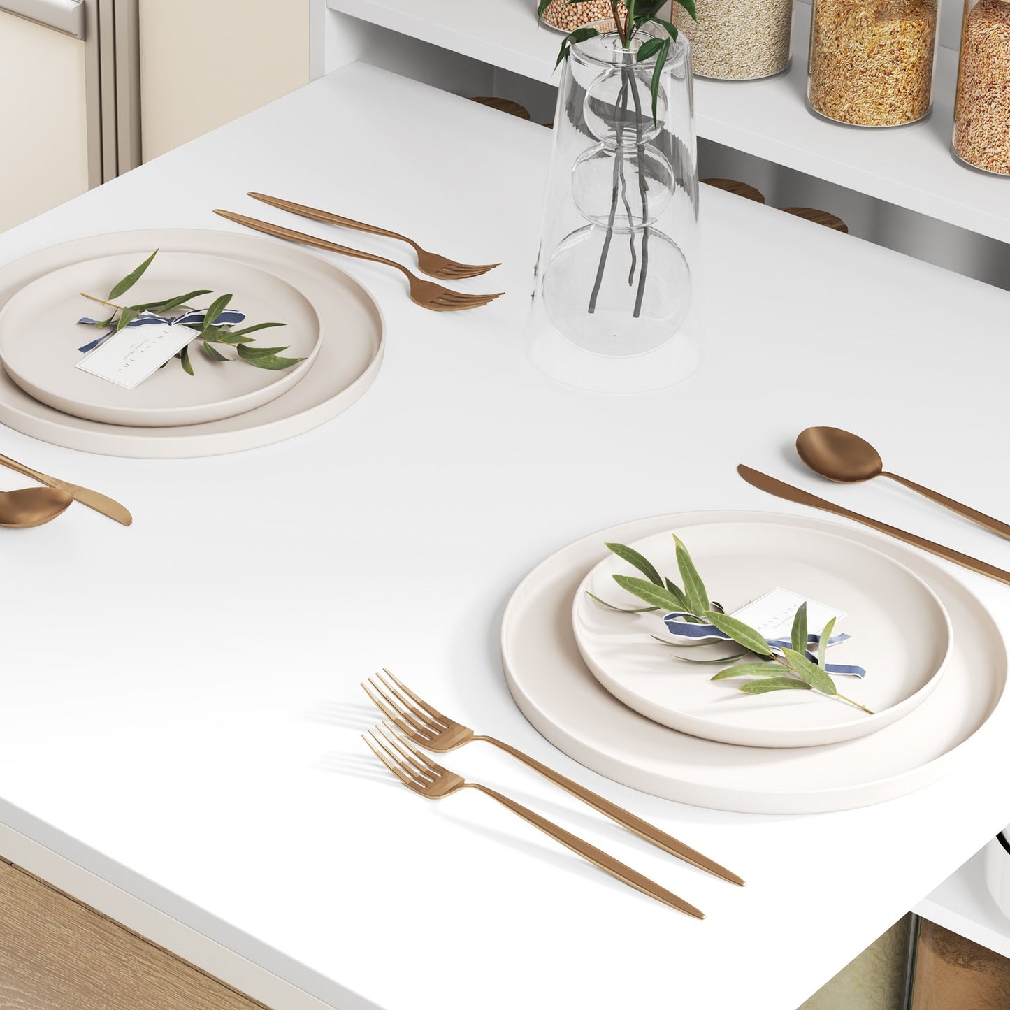 Folding dining table with shelves, Anti-tip, White