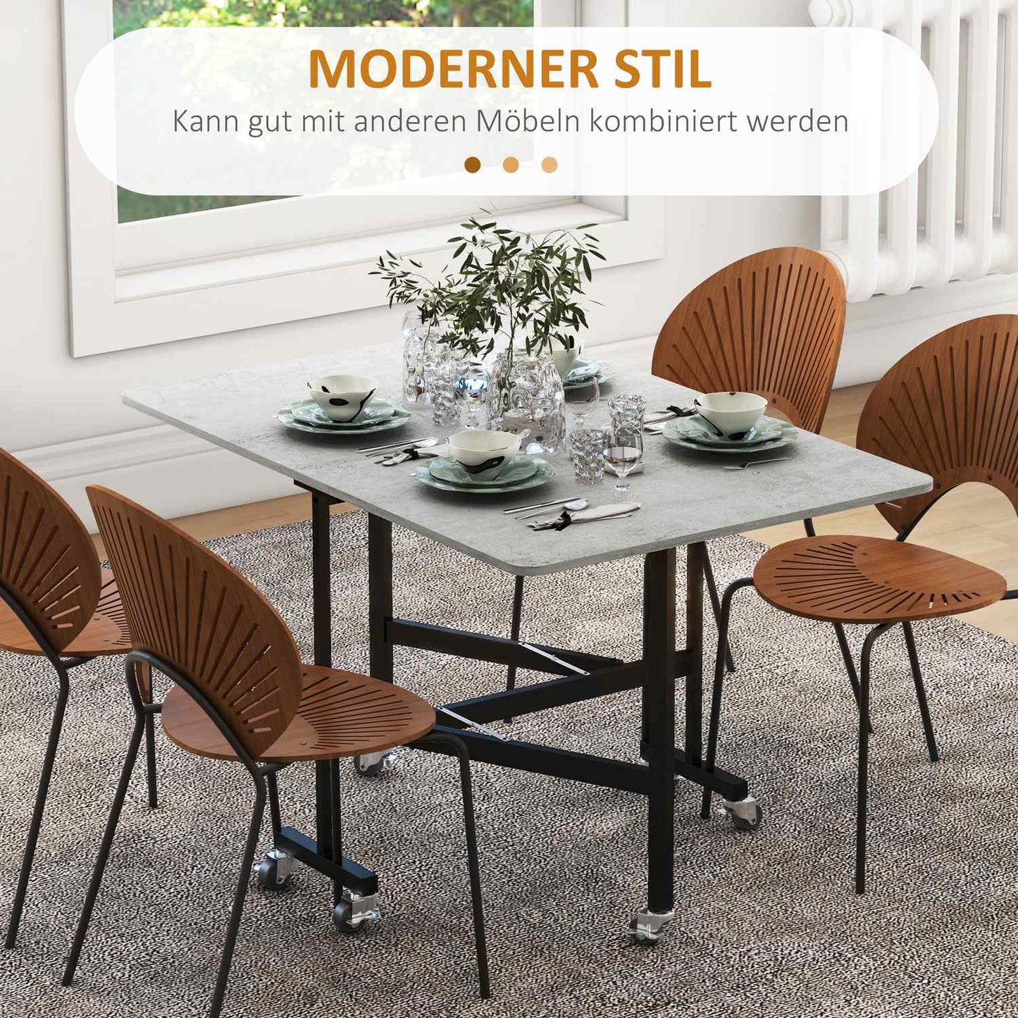 Folding dining table with wheels, steel legs, chairs 4-6