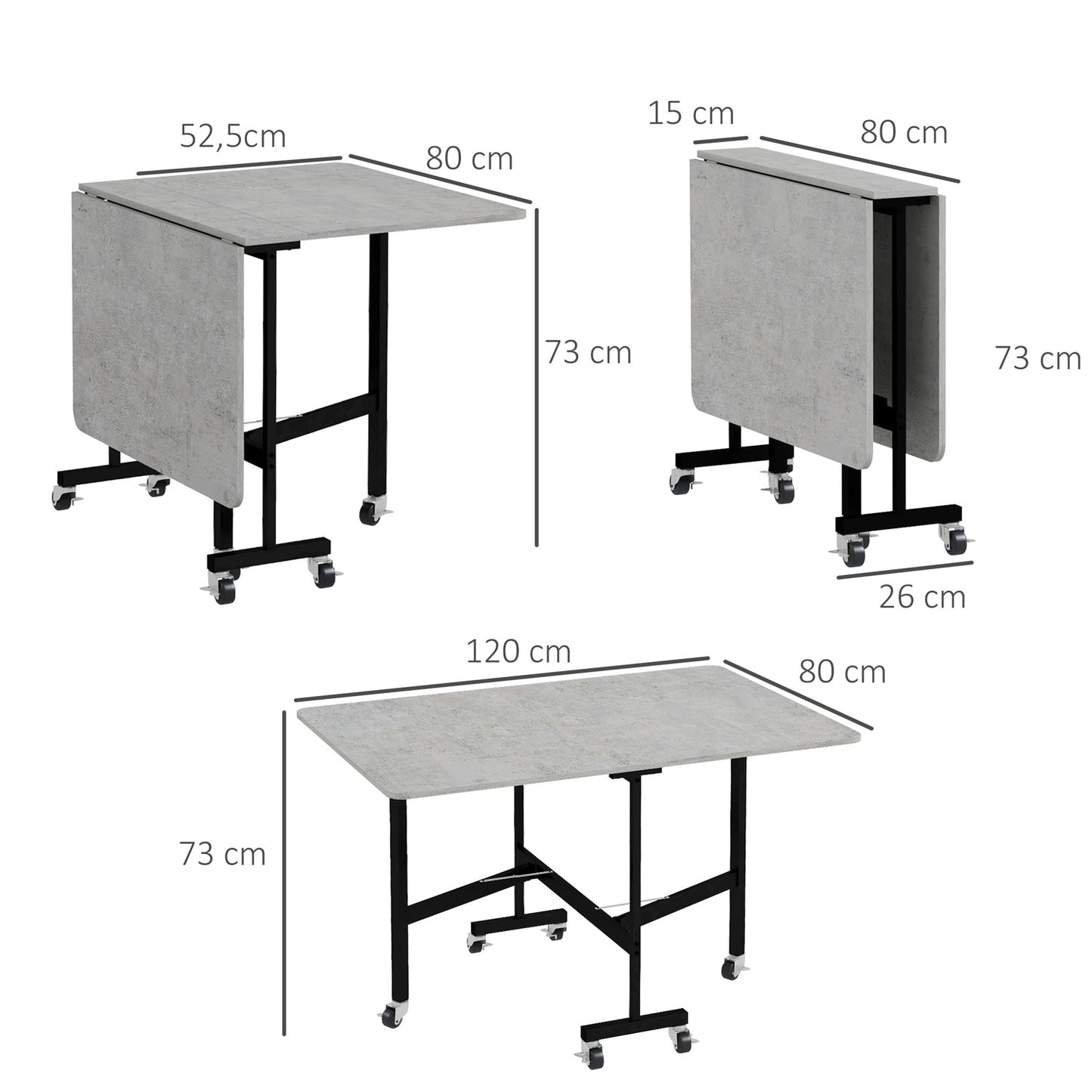 Folding dining table with wheels, steel legs, chairs 4-6