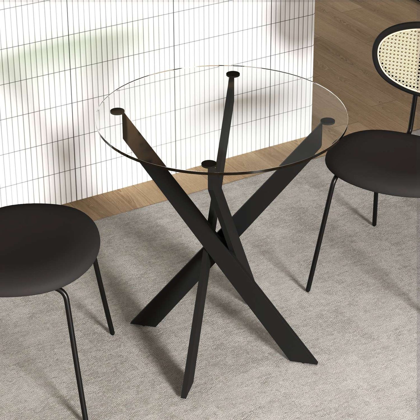 Round dining table for 4 - Glass top & steel legs, Ø70 cm