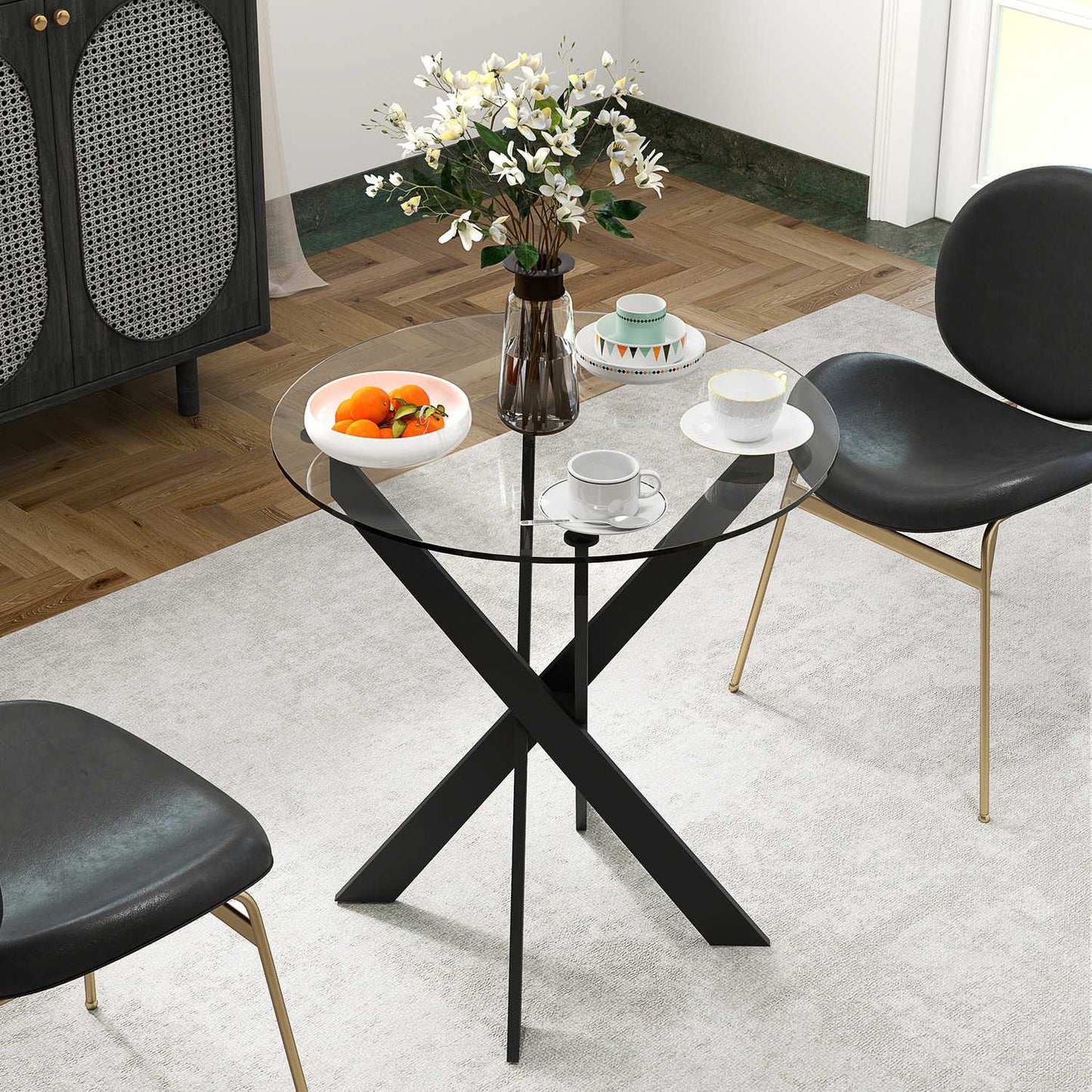 Round dining table for 4 - Glass top & steel legs, Ø70 cm