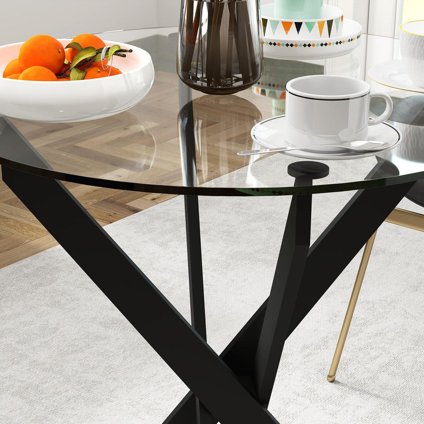 Round dining table for 4 - Glass top & steel legs, Ø70 cm
