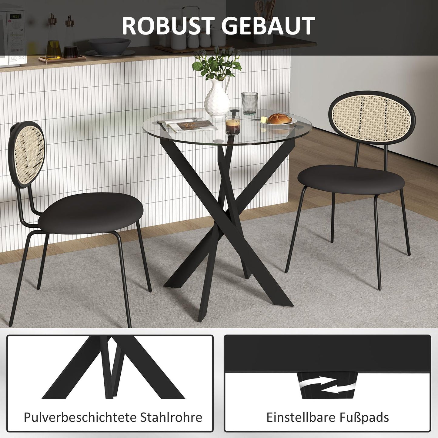 Round dining table for 4 - Glass top & steel legs, Ø70 cm