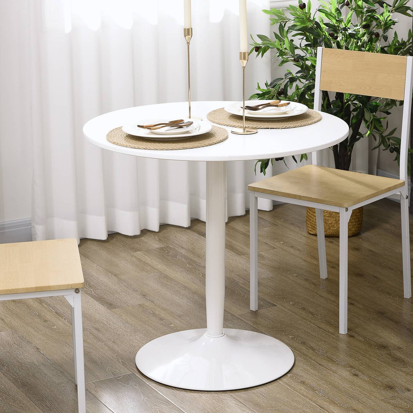 Round white dining table, modern steel leg, Ø80 x 75 cm