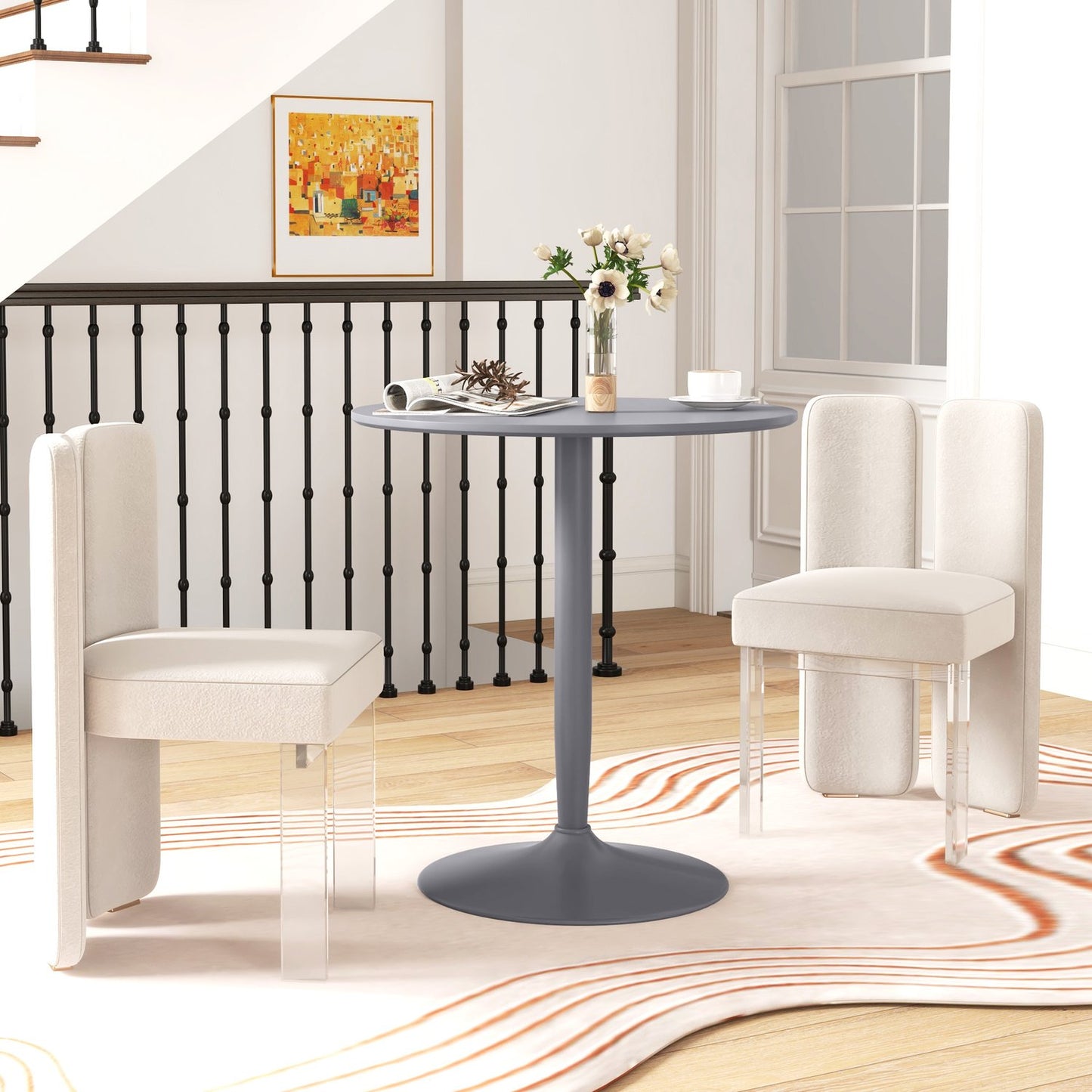 Round gray dining table for 2 - modern steel legs
