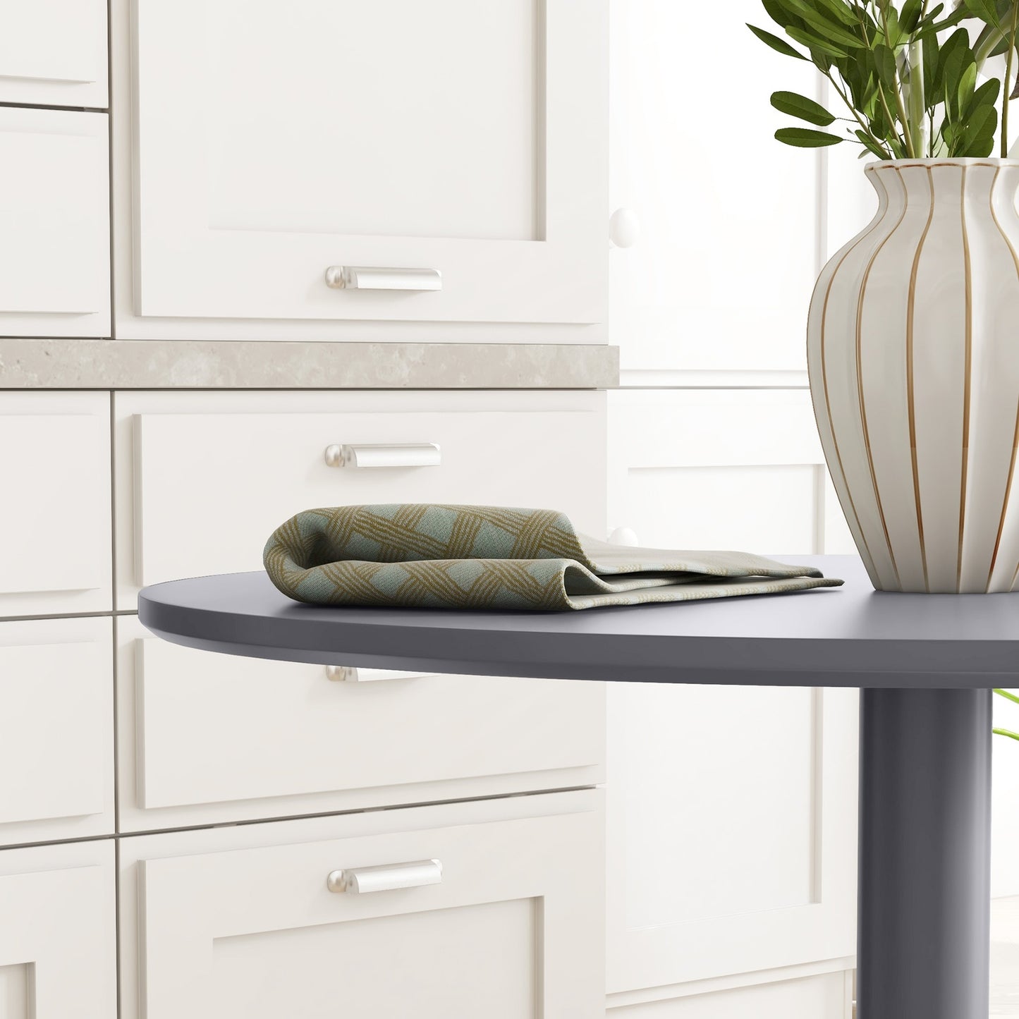 Round gray dining table for 2 - modern steel legs