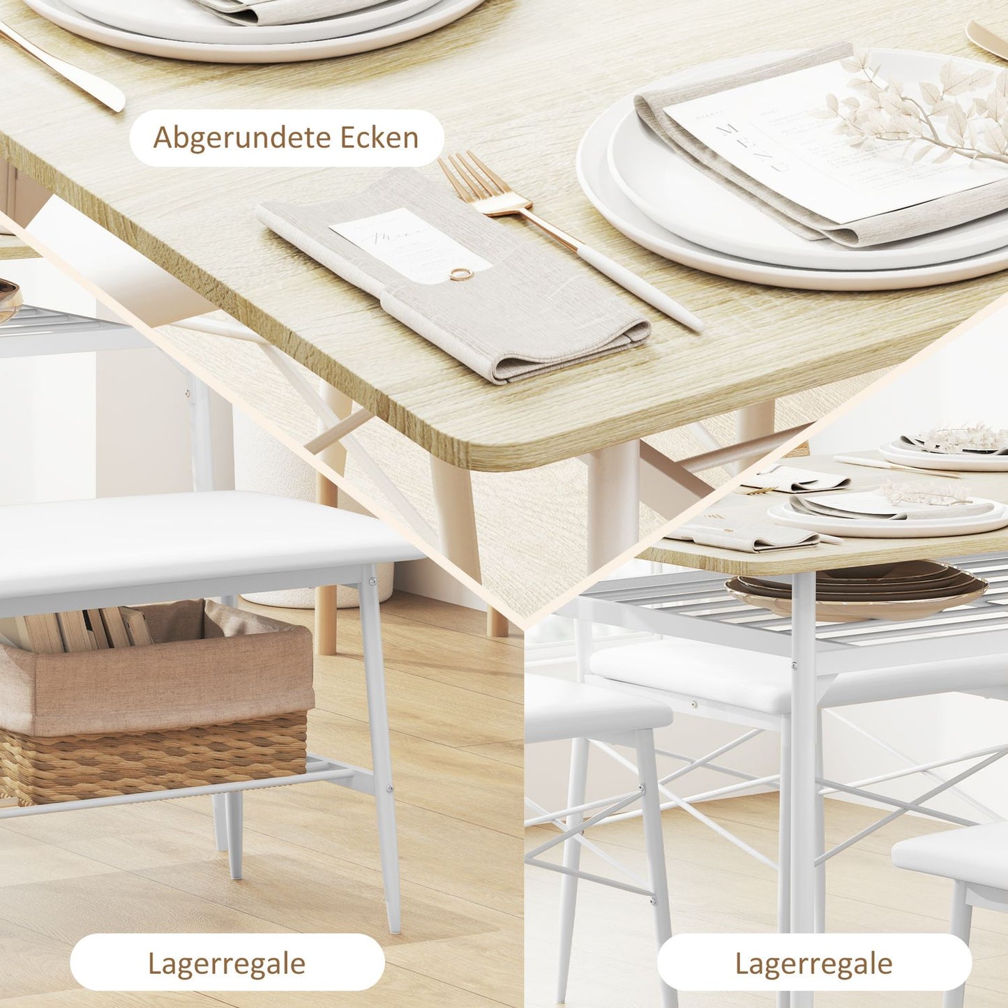 Dining table set with bench and chairs, oak finish