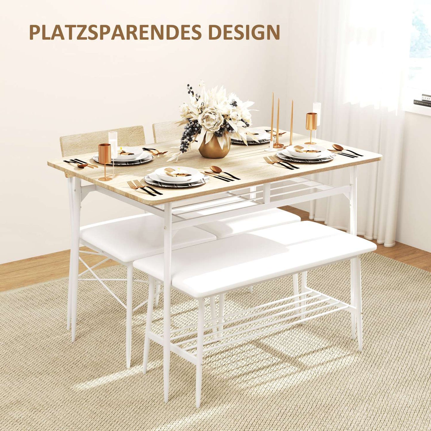 Dining table set with bench and chairs, oak finish