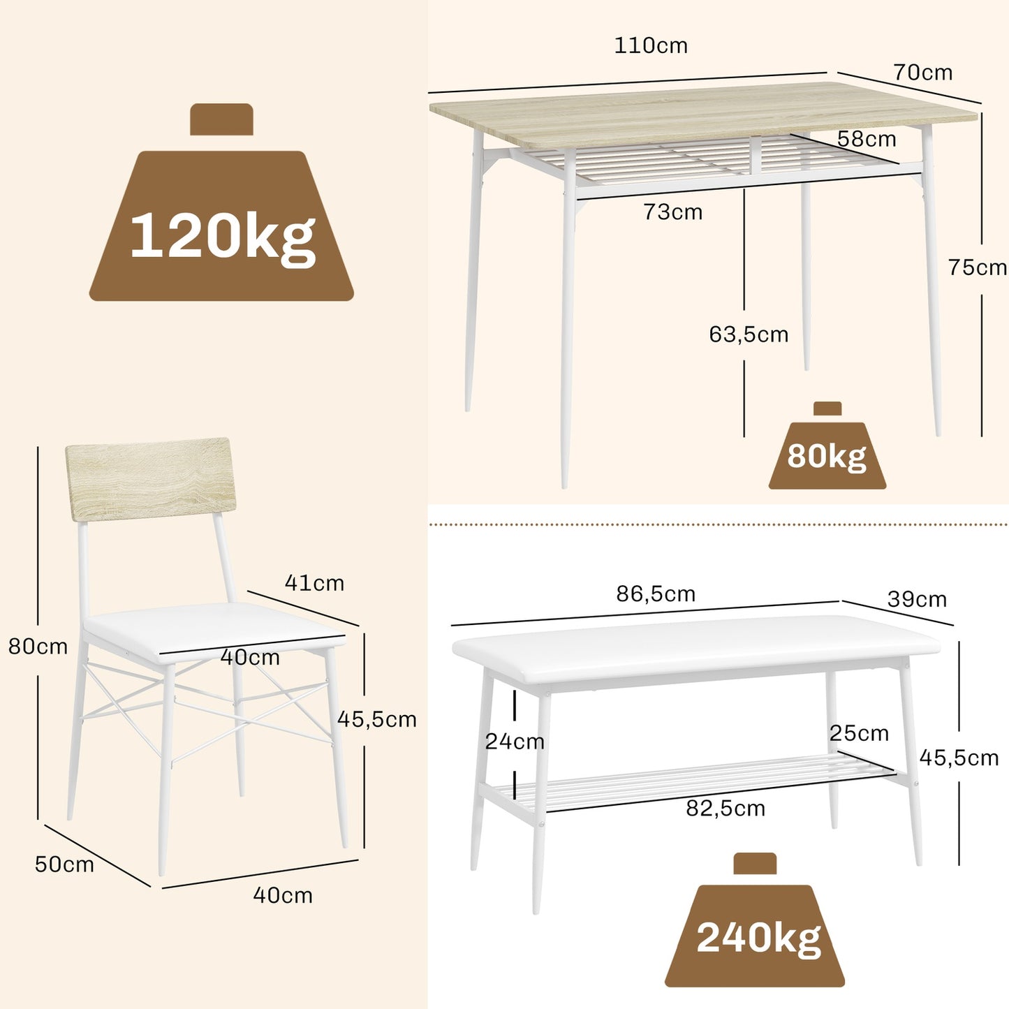 Dining table set with bench and chairs, oak finish