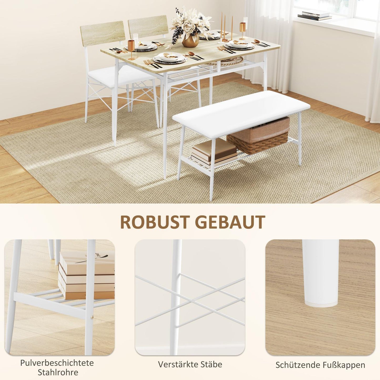 Dining table set with bench and chairs, oak finish