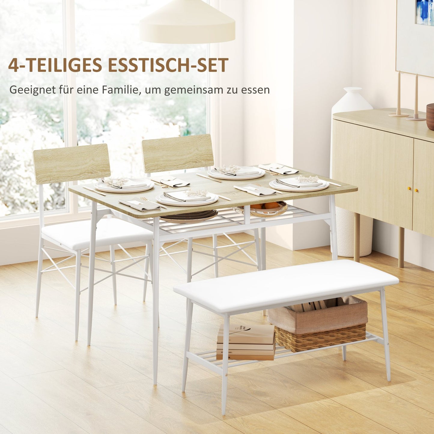 Dining table set with bench and chairs, oak finish