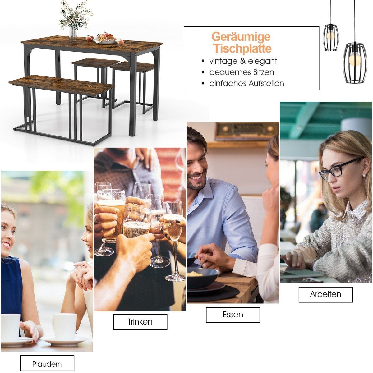 Dining table with bench &amp; 2 stools set of 4 kitchen table industrial dining group for kitchen 120 x 60 x 75 cm brown