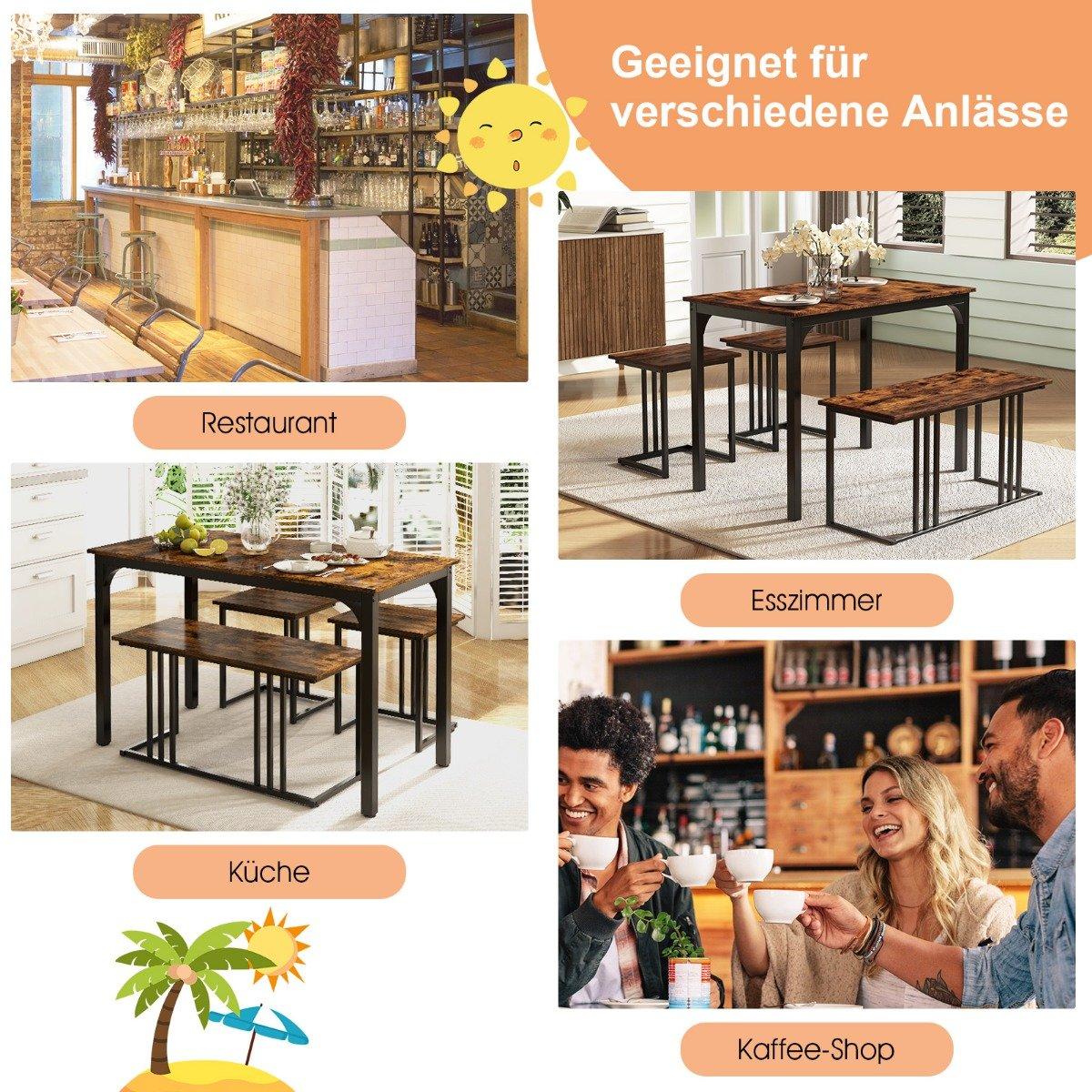 Dining table with bench &amp; 2 stools set of 4 kitchen table industrial dining group for kitchen 120 x 60 x 75 cm brown