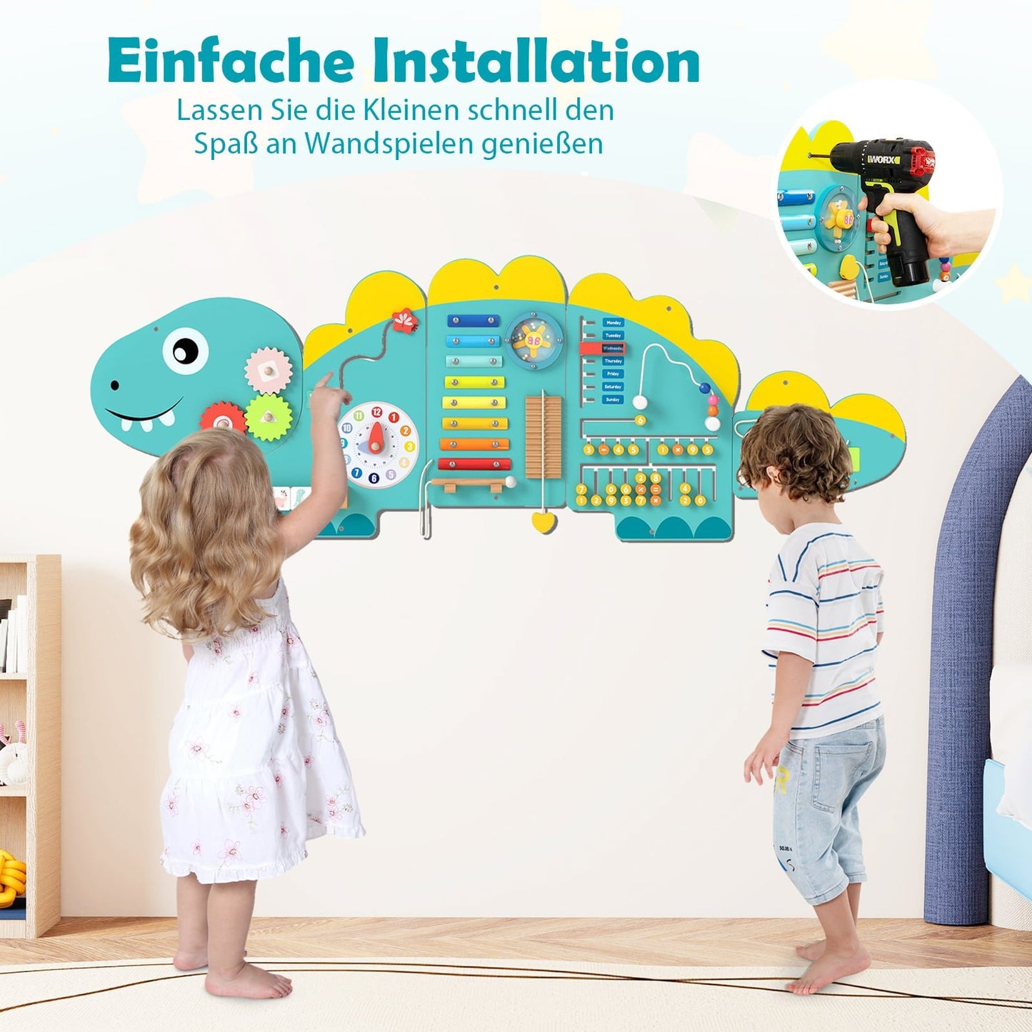 Dinosaur Activity Wall for Toddlers, 11-in-1 Montessori Toy