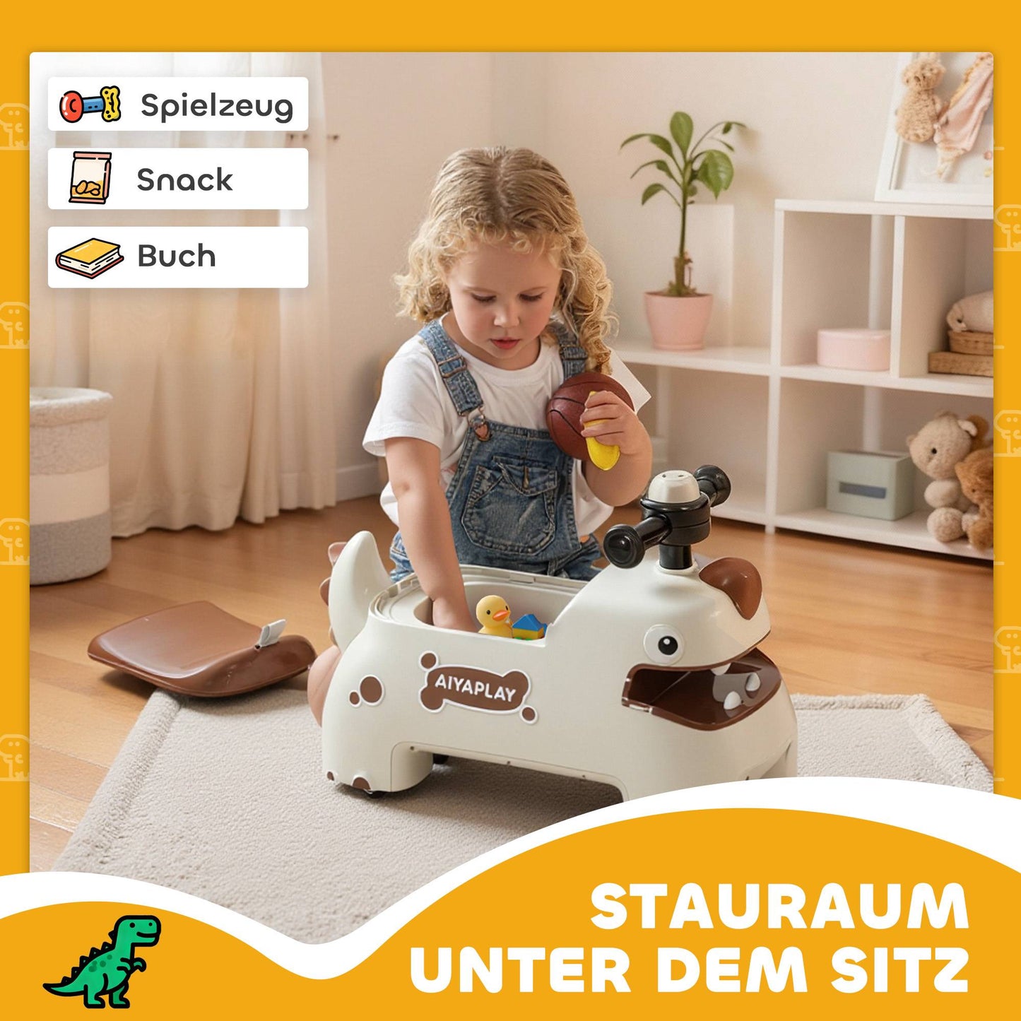 Dinosaur Ride-On Toy with Lights and Sounds, 4 Wheels