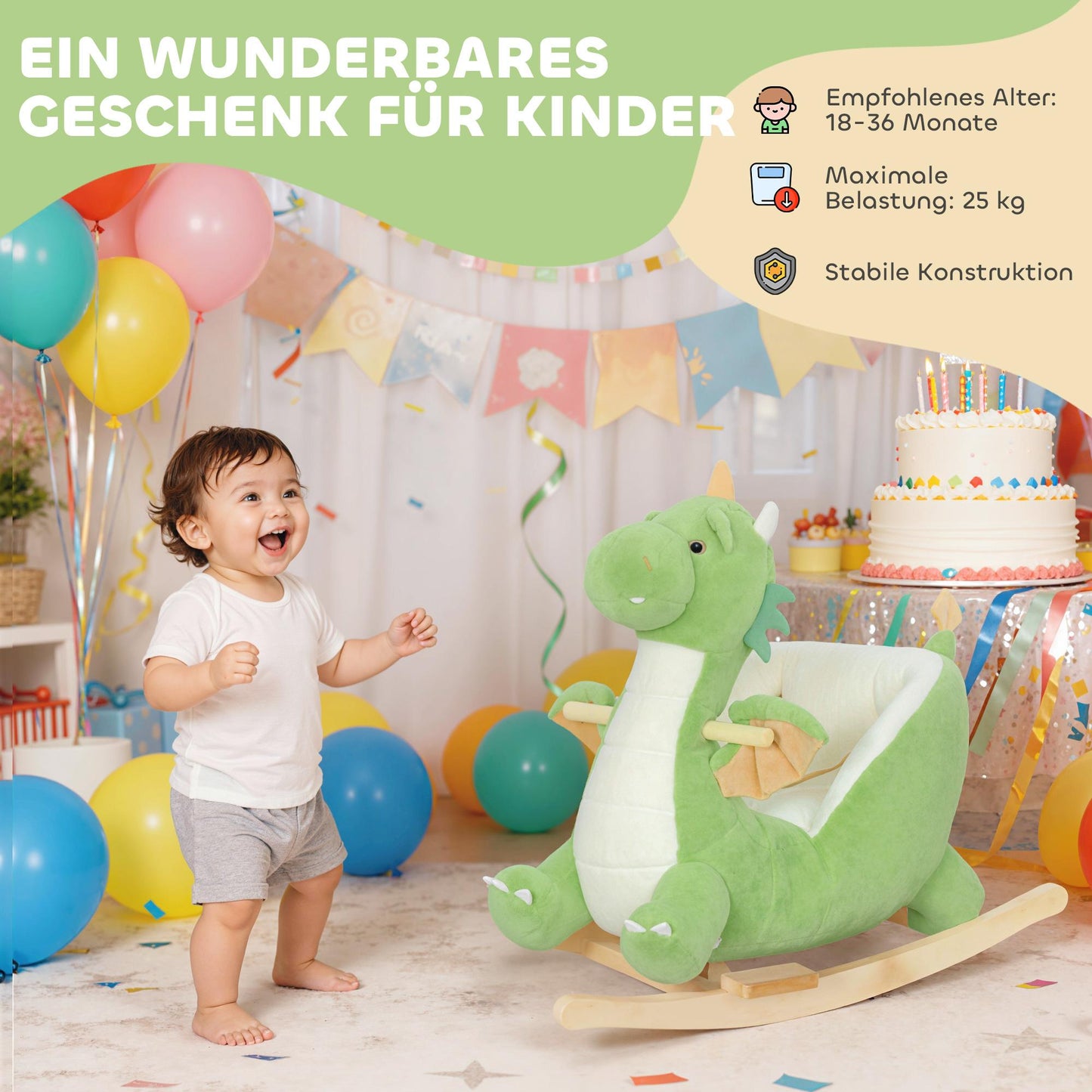 Dinosaur Rocker with Sounds, Soft Filling, Wood Frame, Green