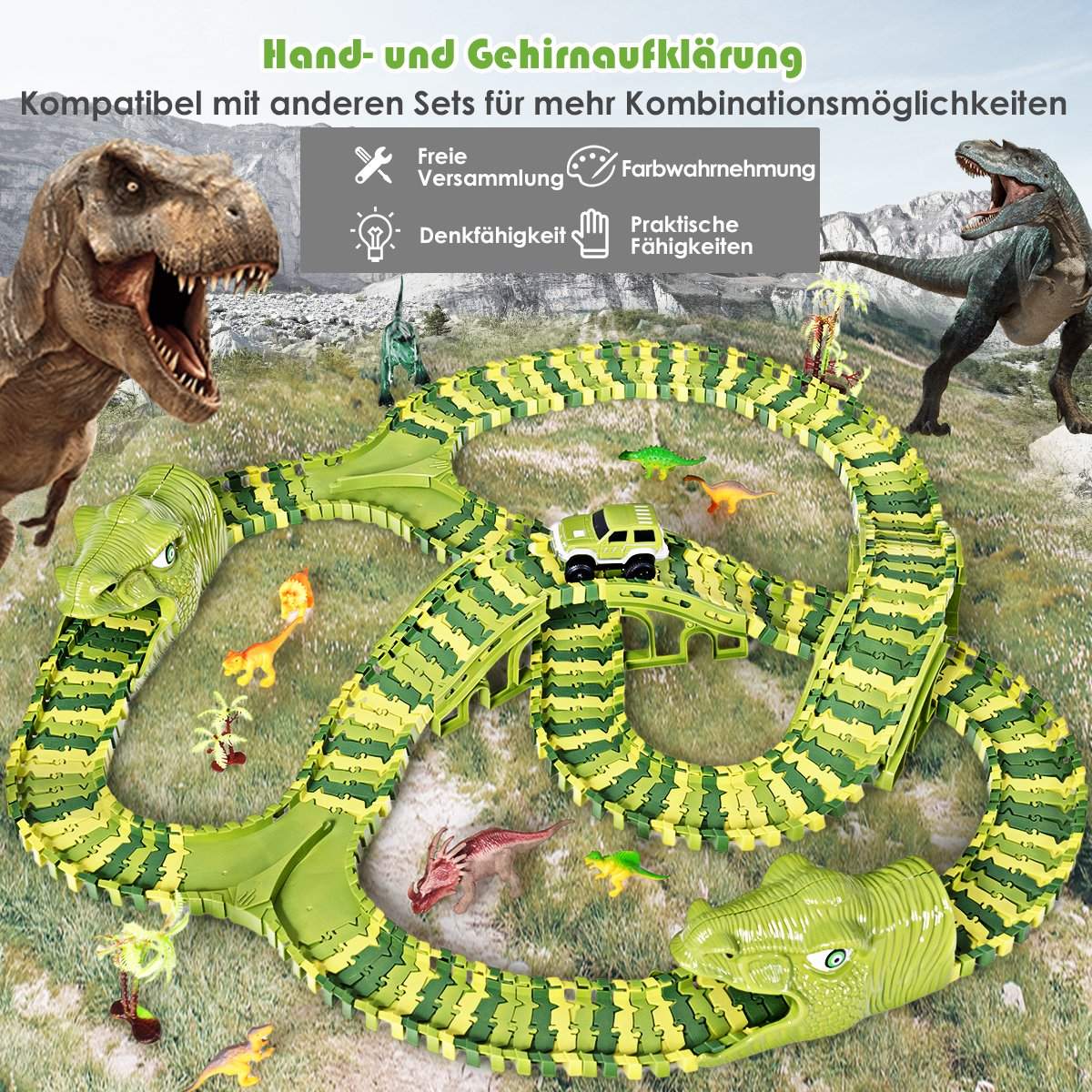 Dinosaur race track cars rail track play set for children
