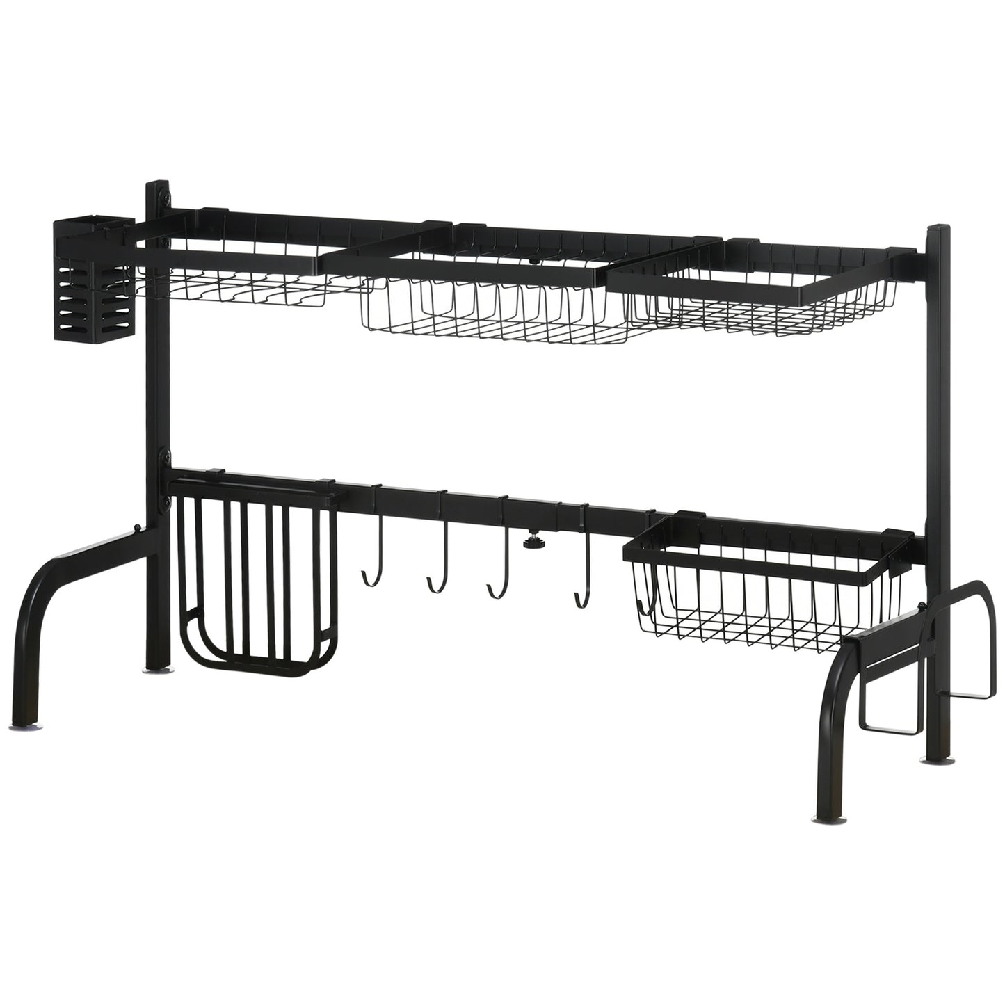 2-tier dish rack in black steel with hooks and drip tray