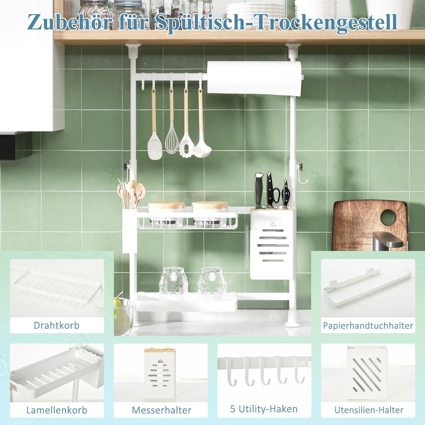 3-level adjustable dish rack with hooks and knife holder