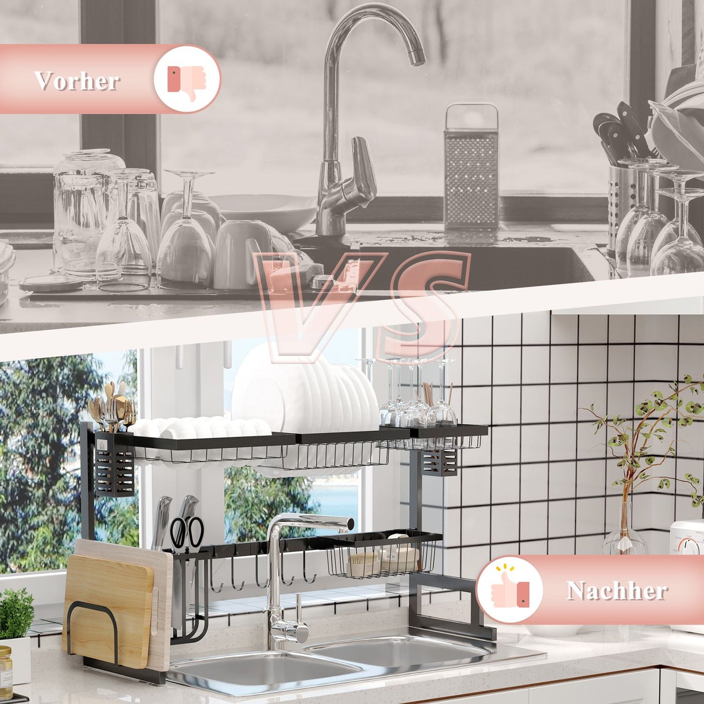 2-tier steel dish rack with hooks and tray, black