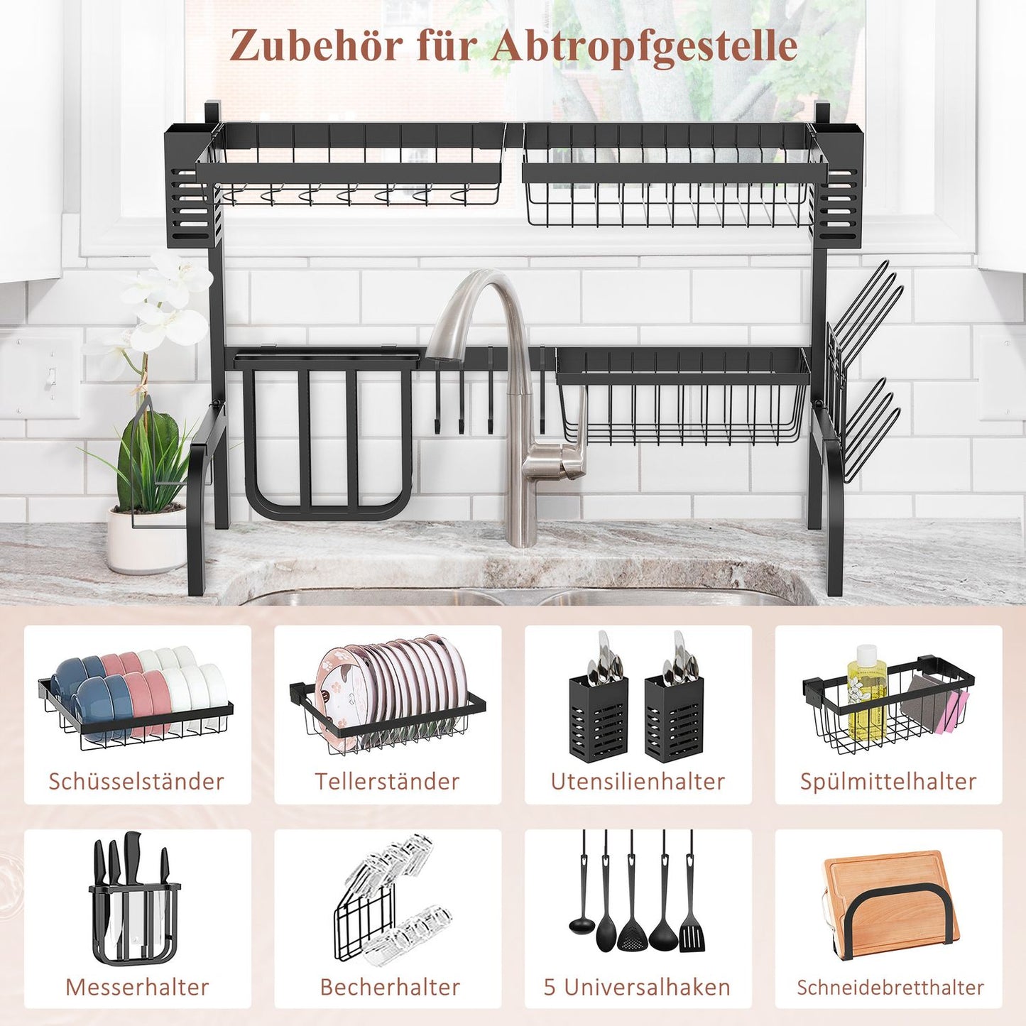 2-tier steel dish rack with hooks, 65 cm, black