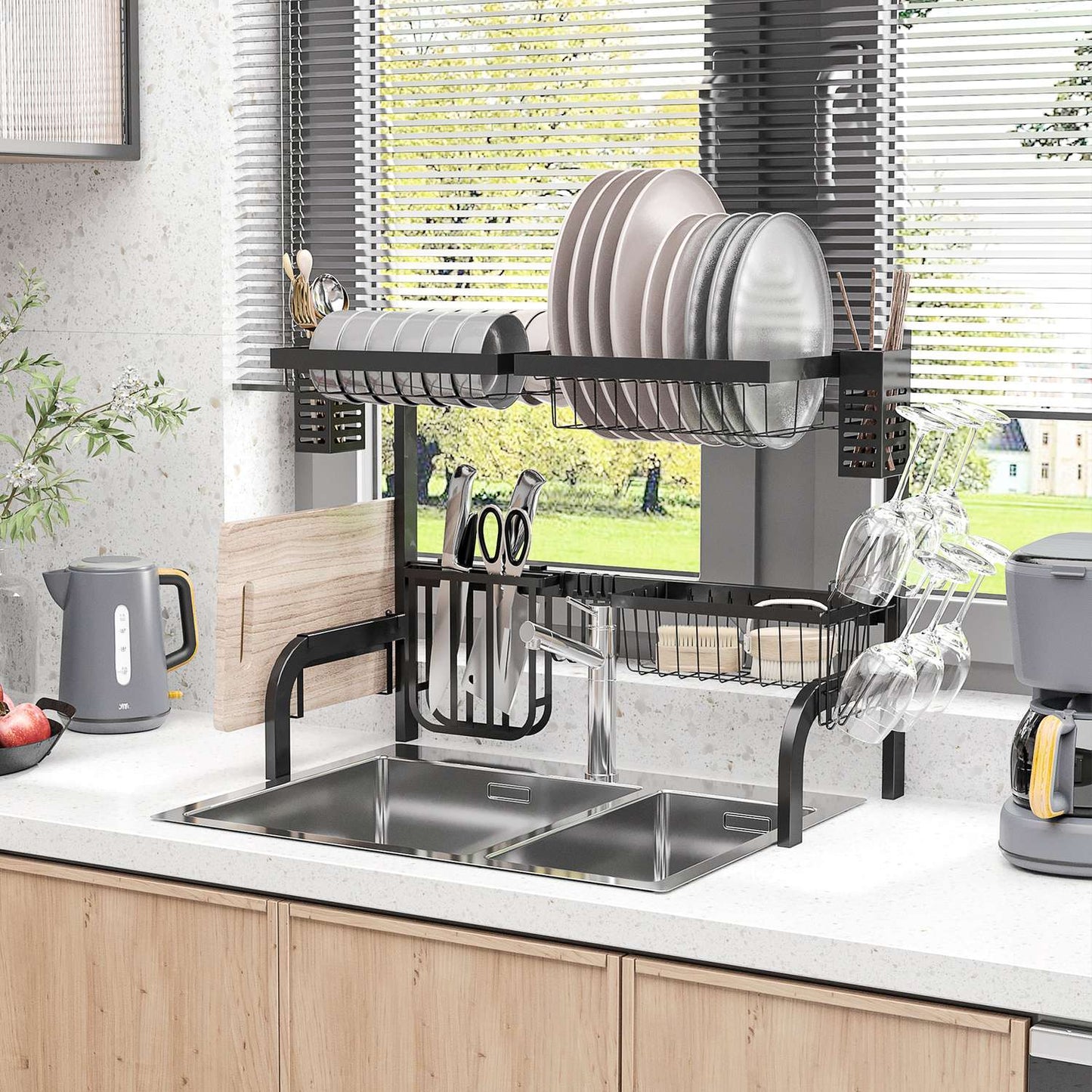 2-tier steel dish rack with hooks, 65 cm, black