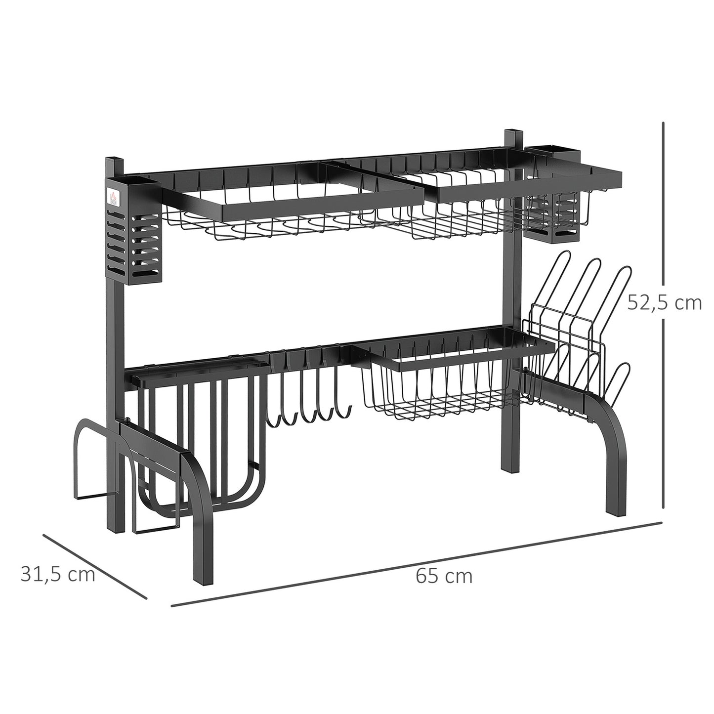 2-tier steel dish rack with hooks, 65 cm, black