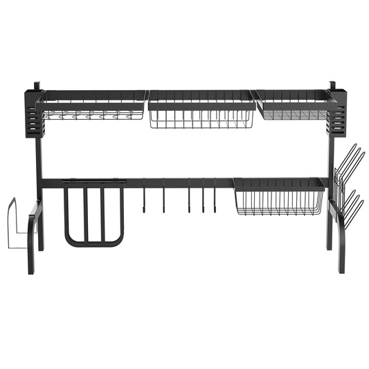 Dish drainer, 2-tier drainer with hooks, plate rack, accessories, 100 cm steel, black
