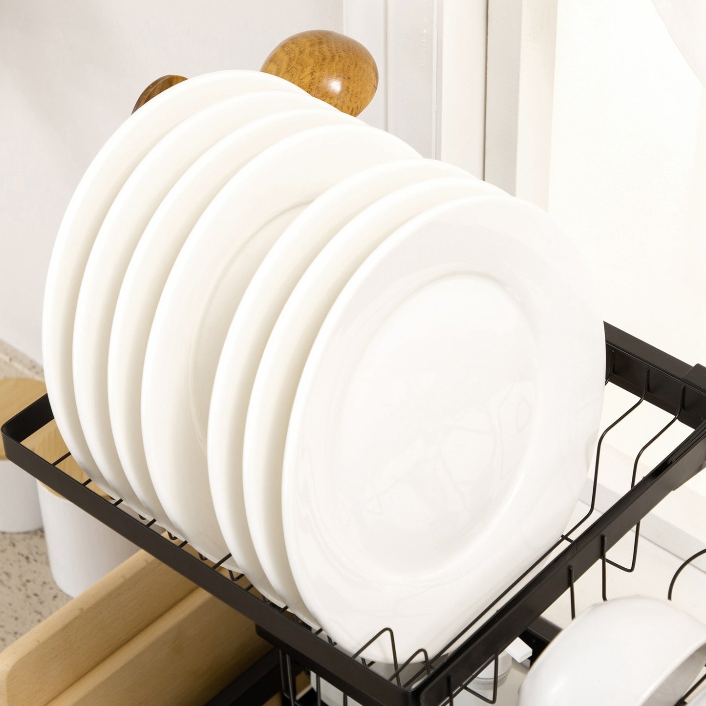 Dish drainer, 2-tier drainer with hooks, plate rack, accessories, 100 cm steel, black
