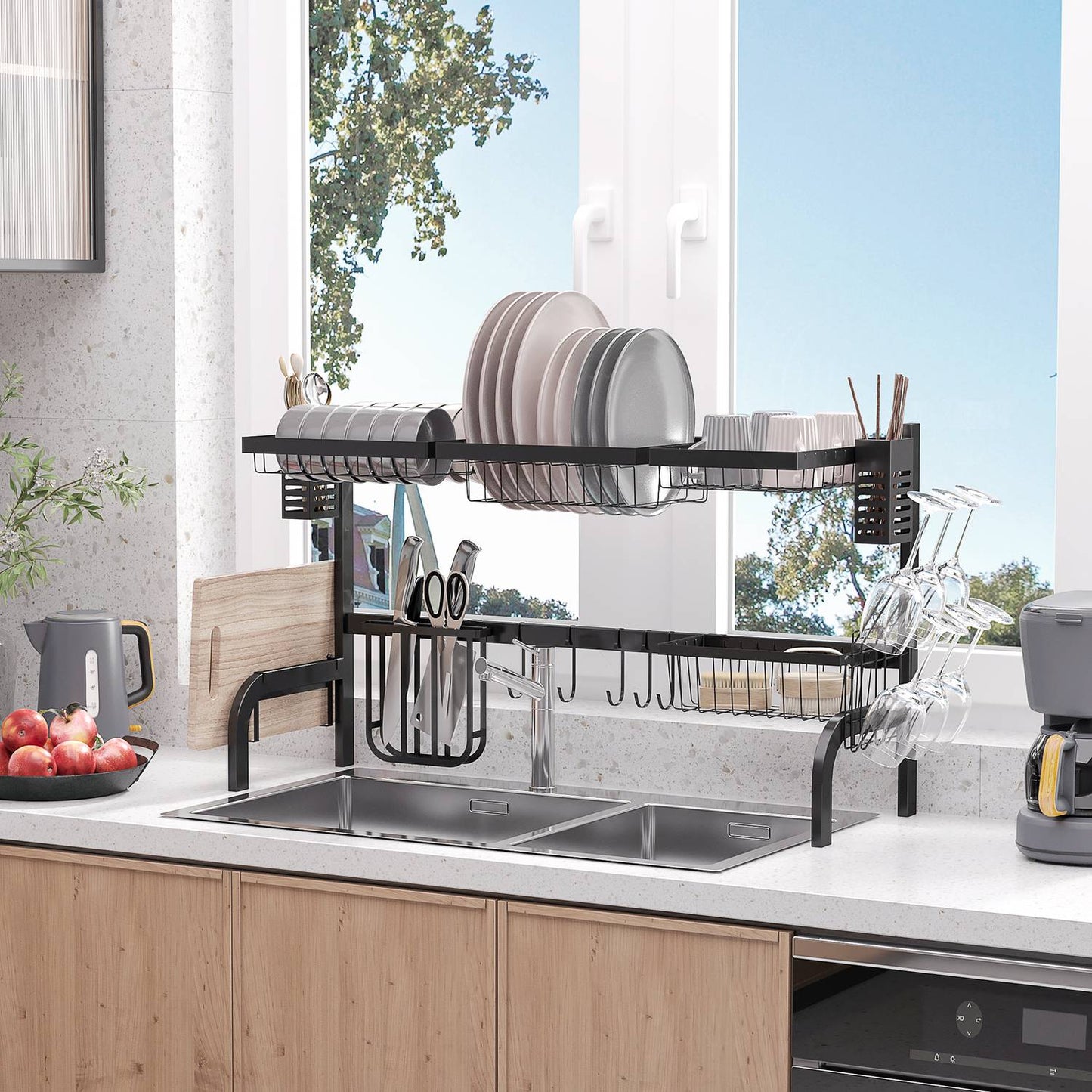 Dish drainer, 2-tier drainer with hooks, plate rack, accessories, 100 cm steel, black