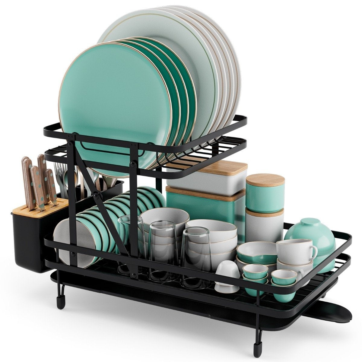Dish drainer 2-tier folding dish rack made of metal black