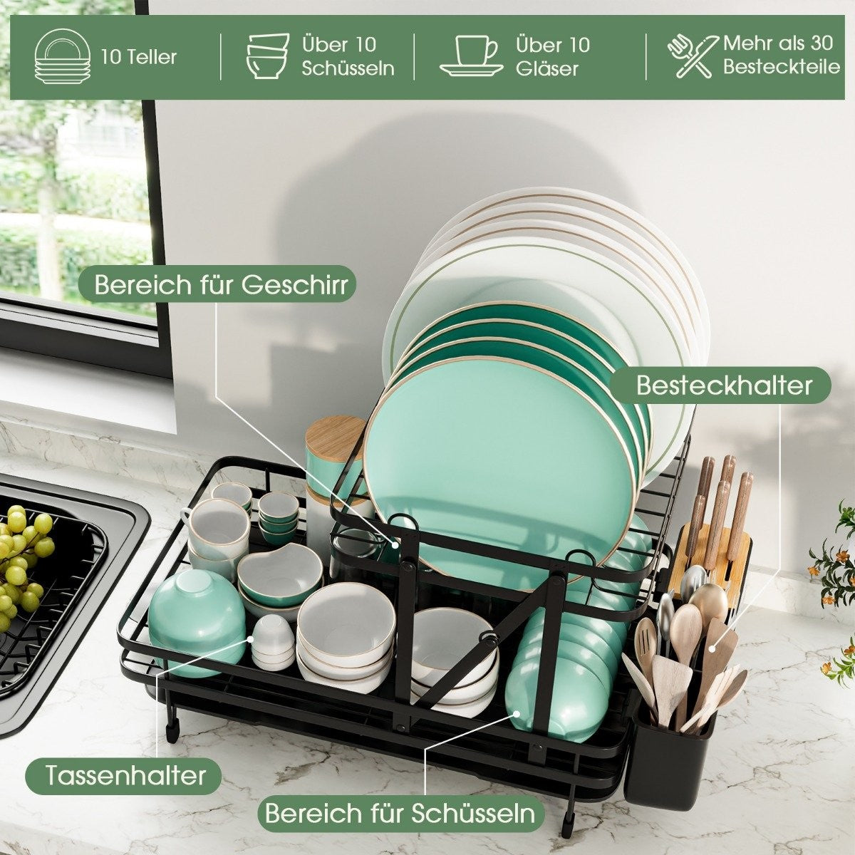Dish drainer 2-tier folding dish rack made of metal black