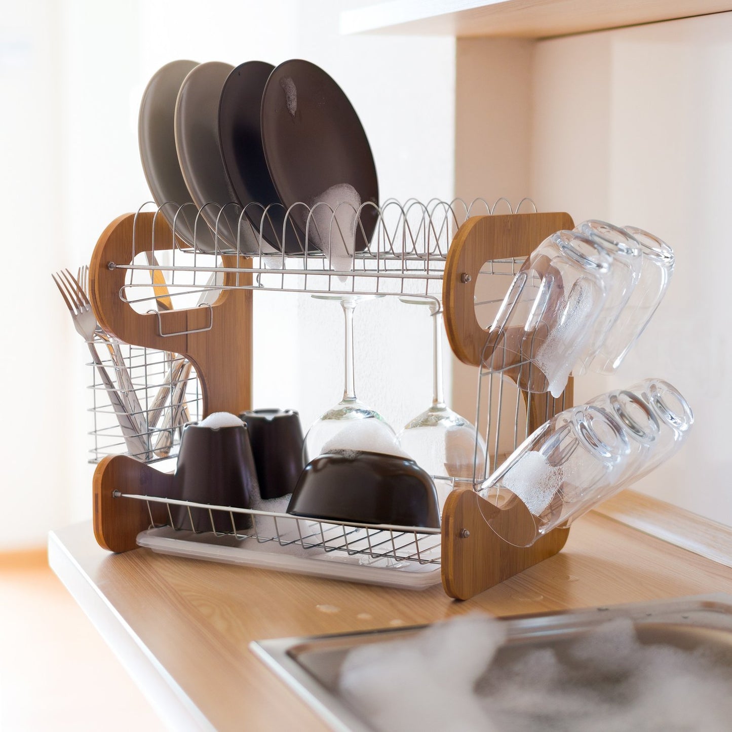 Dish rack bamboo 2 levels