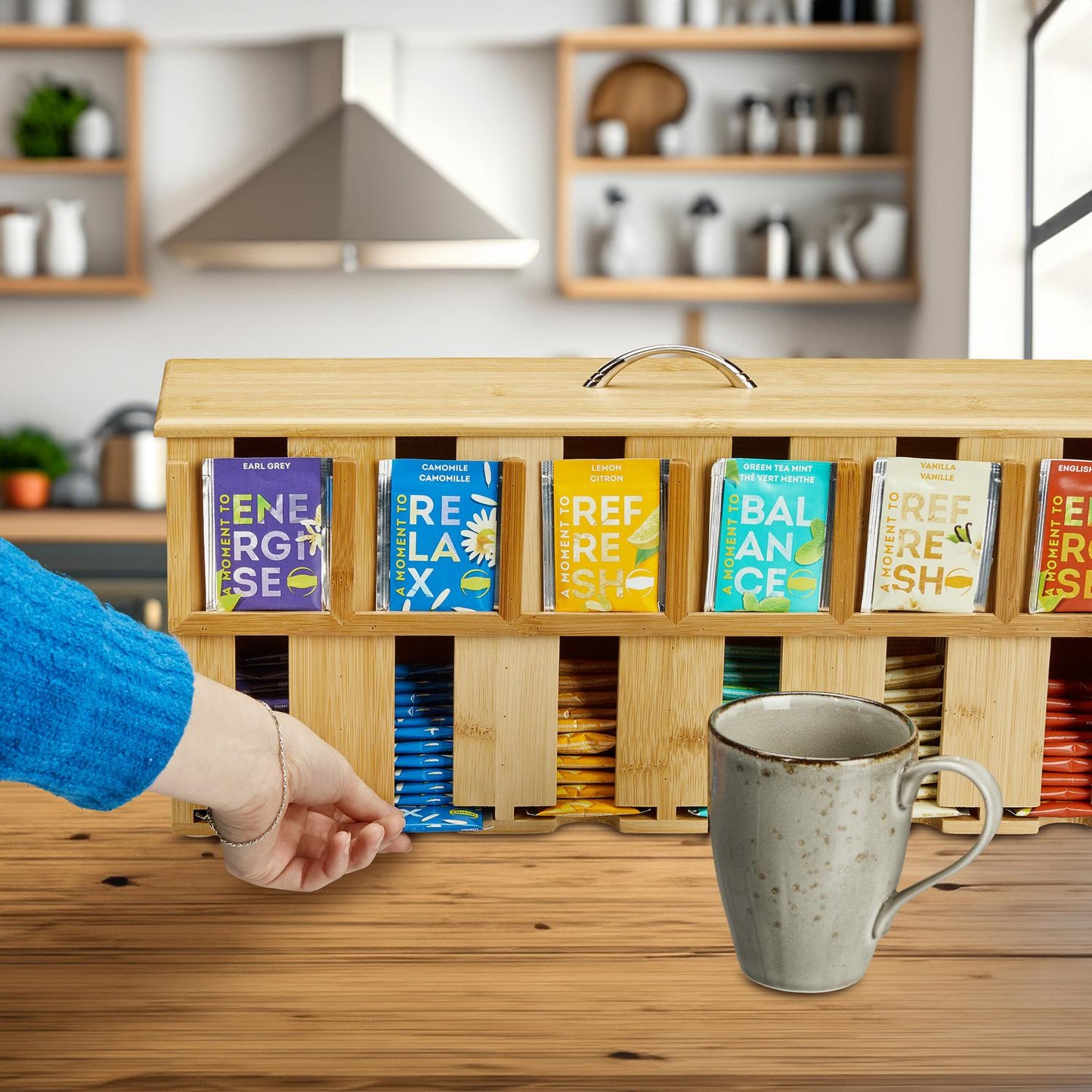 Dispenser for tea bags in bamboo with 6 compartments