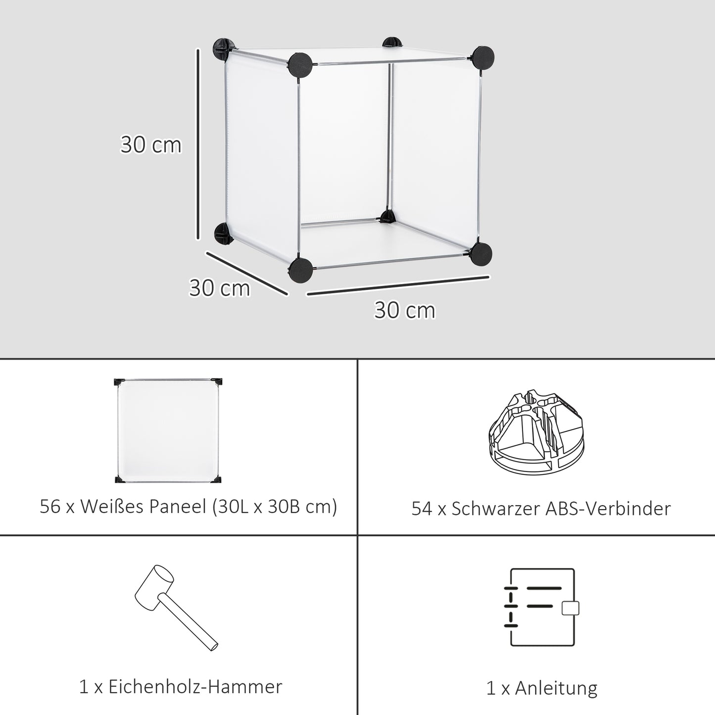 Cube storage system, 16 plastic shelves, white, 125x32x125cm