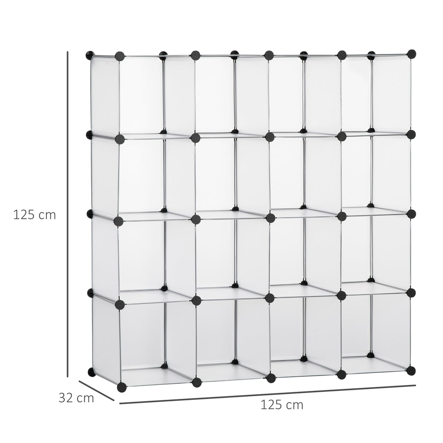 Cube storage system, 16 plastic shelves, white, 125x32x125cm