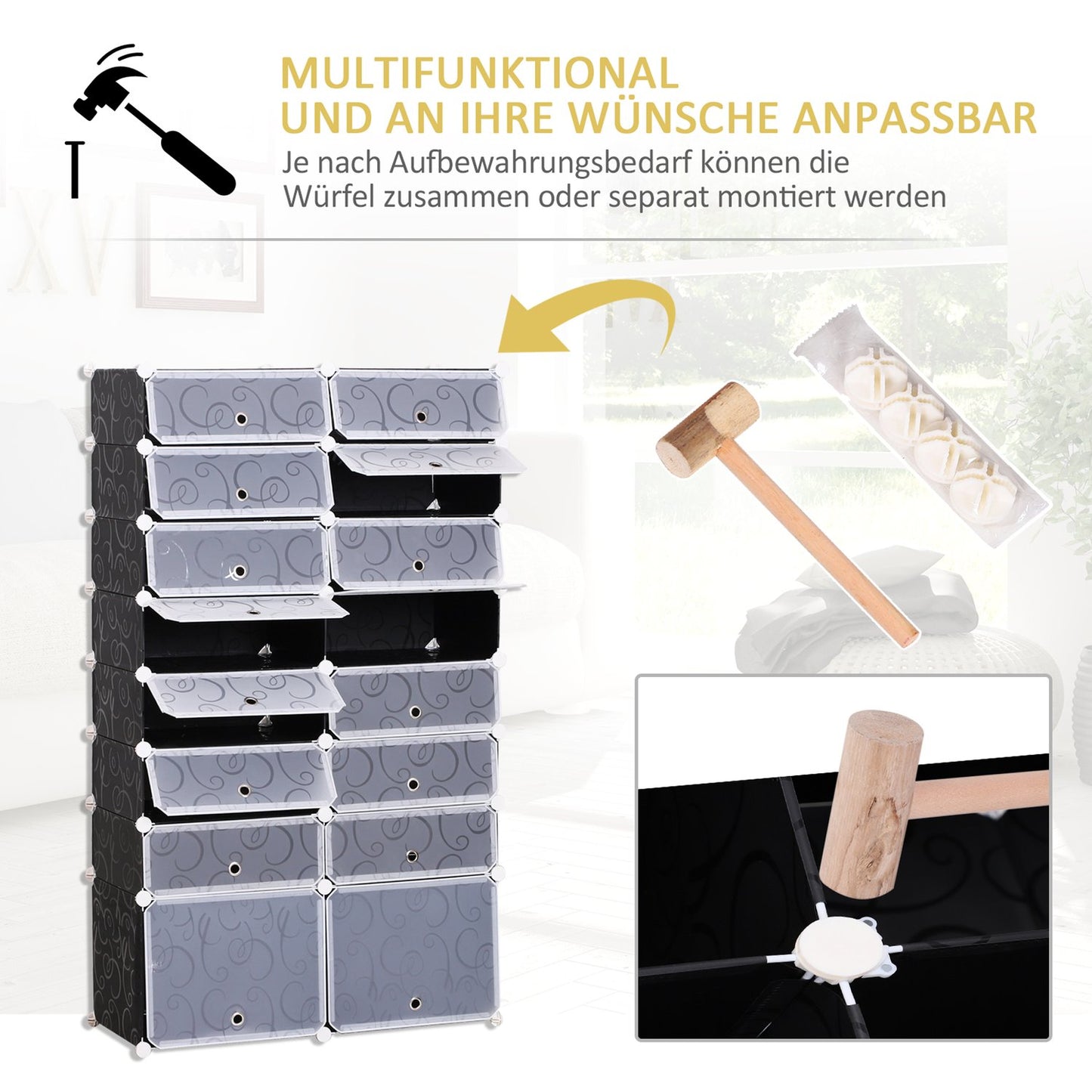 Modular shoe shelf wardrobe - 16 compartments, black/white