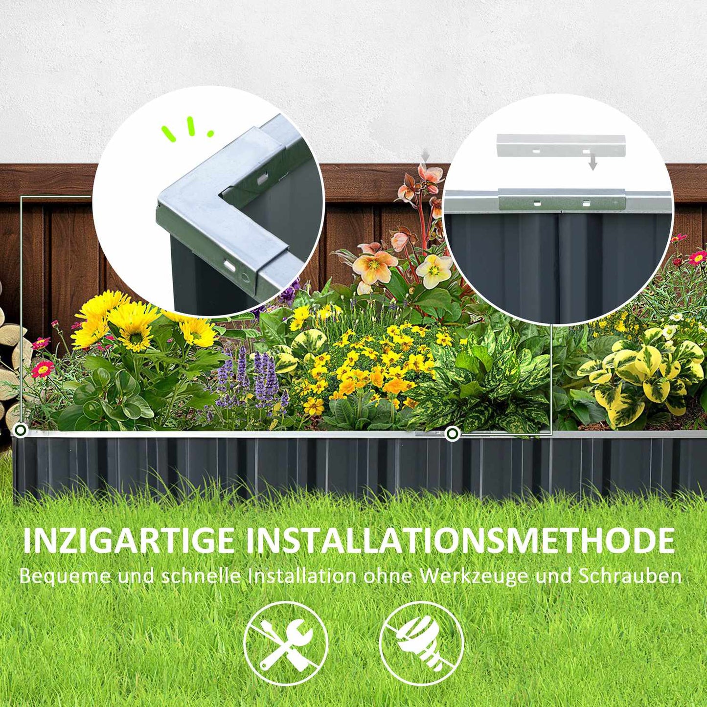 Steel raised garden bed with plant signs and gloves