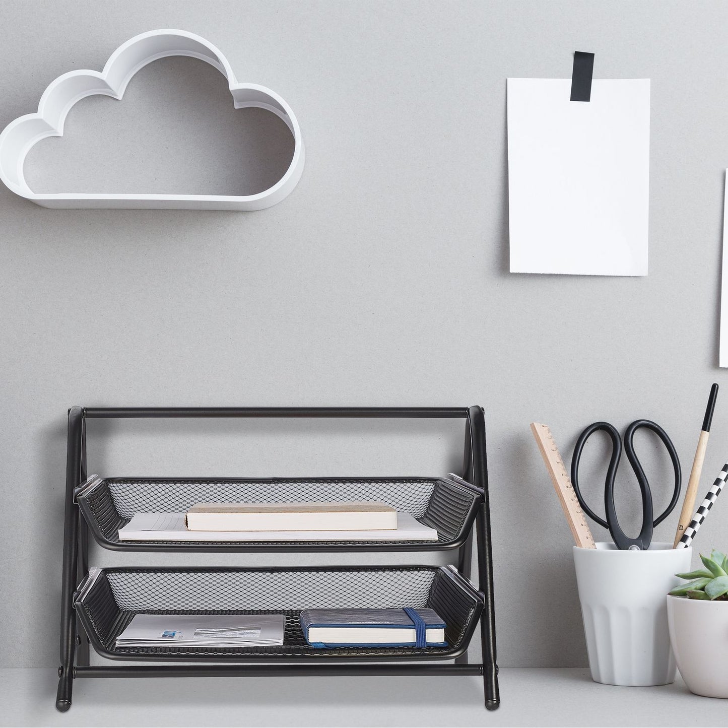<p>Stylish paper tray enhances workspace organization with efficient document storage. Keep your desk tidy with this modern, robust metal frame and trendy mesh design, offering easy access to A4 documents.</p>

<ul>
<li>Organize efficiently with two spaci